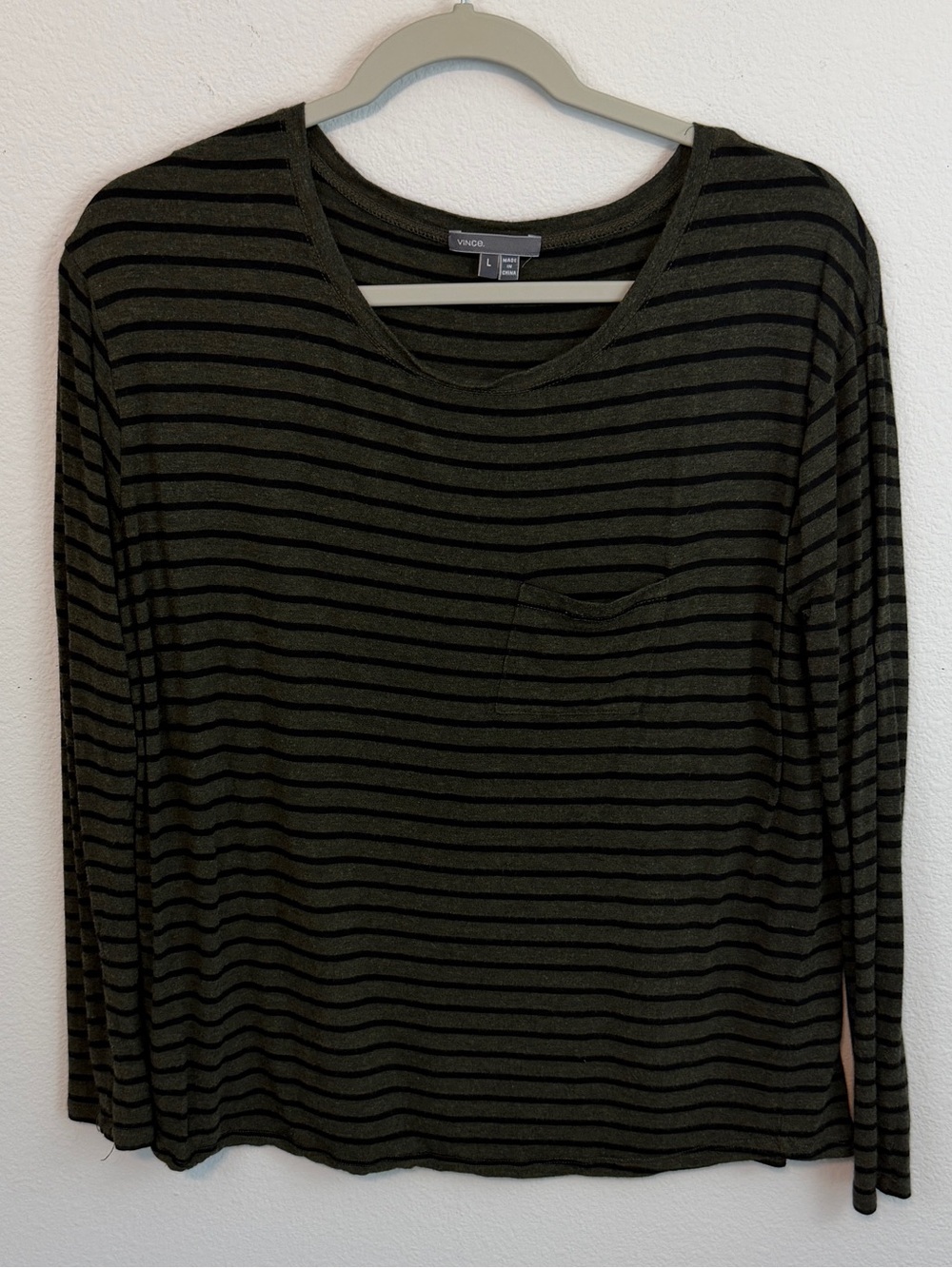 Vince Olive Green and Black Striped Long Sleeve Tee